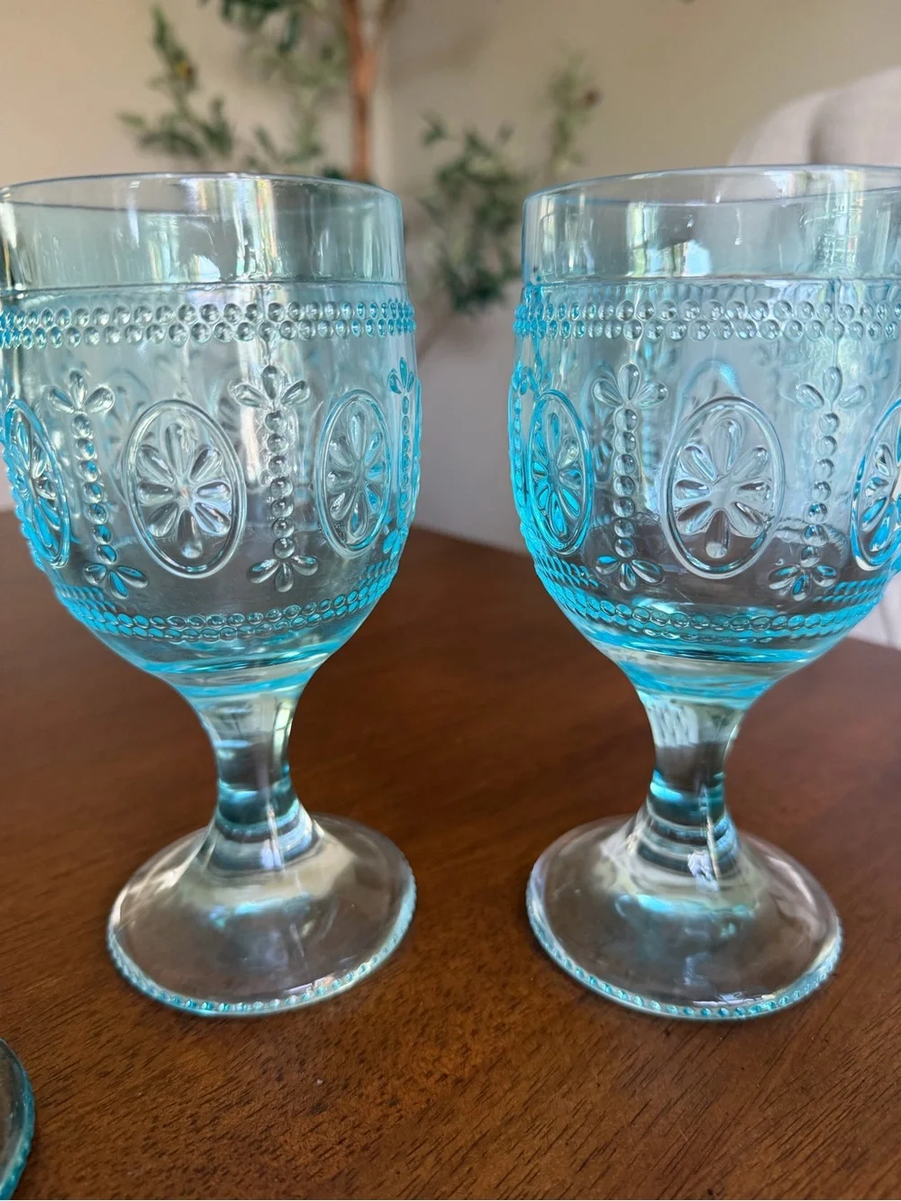 Turquoise Embossed Goblet Glasses - Set of 4